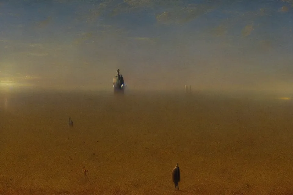 Image similar to sci-fi painting of a large alien city on the wheat fields, the closed back view of one humanoid robot on the ground, by Ivan Aivazovsky , godrays, detailed