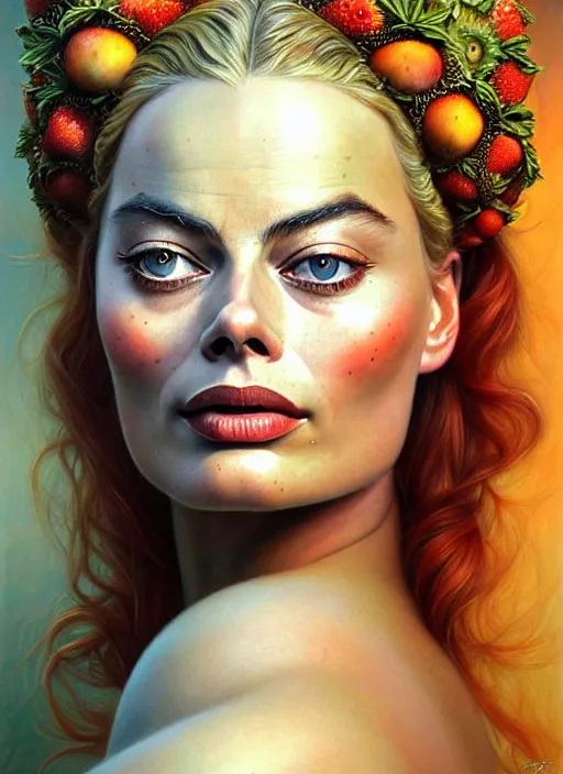 Image similar to margot robbie as an goddess of fruits, aesthetic, fine art, intricate, elegant, highly detailed, realistic hair, centered, digital painting, art station, conceptual art, soft, sharp focus, illustration, artwork, artgerm, tomasz alen kopera, peter mohrbacher, donato giancola, wlop, boris vallejo