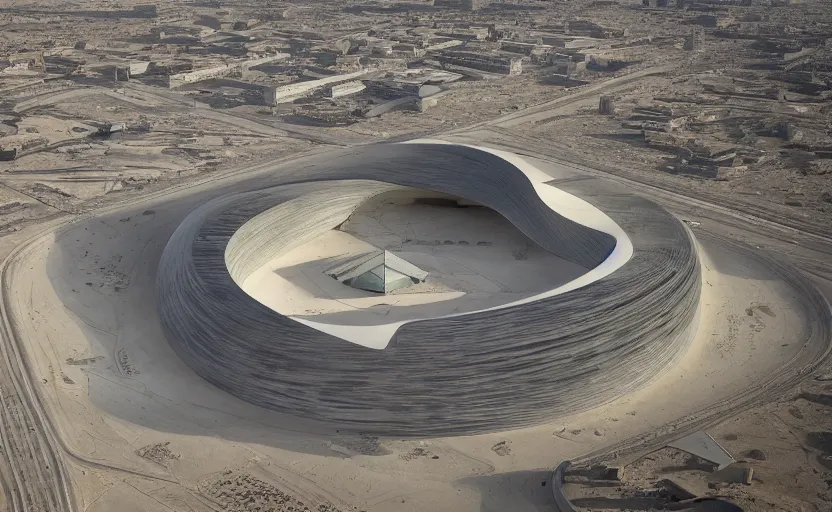 Prompt: parametric structure, medical complex, in the desert beside the gulf, view from above, design by anish kapoor, dezeen, architectural photography