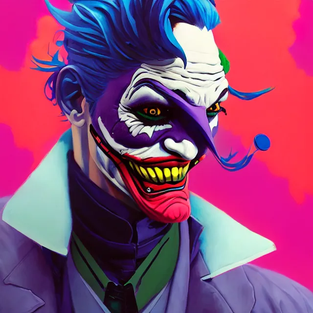 Prompt: a beautiful painting of a cyberpunk joker by sachin teng and pascal blanche and ralph mcquarrie and greg rutkowski. in style of futurism art. ( ( colorful comic ) ), ( ( film noirs ) ), ( ( brush stroke ) ), ( ( vibrating colors ) ), hyper detailed. 4 k texture. octane render. trending on artstation