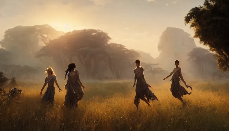 Prompt: girls dancing around a black monolith through the african savannah, artgerm and greg rutkowski and alphonse mucha, an epic fantasy, volumetric light, detailed, establishing shot, an epic fantasy, trending on art station, octane render, midsommar