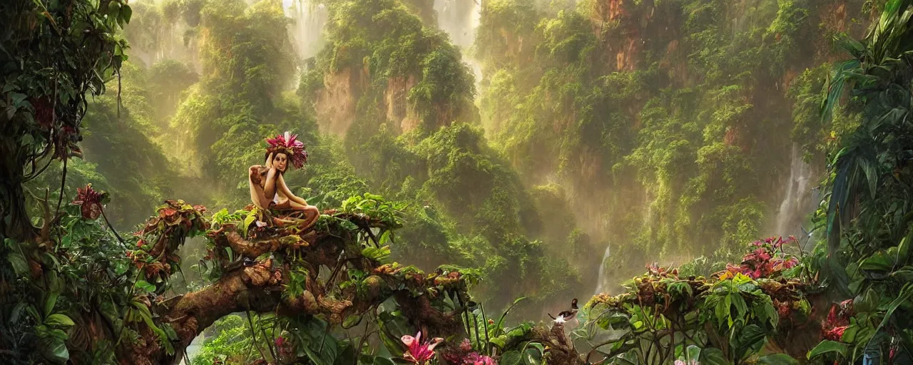 Image similar to a beautiful jungle landscape bordered by vines, flowers, tropical birds, monkey, snake, river with stunning water, d & d, fantasy, intricate, elegant, highly detailed, digital painting, artstation, concept art, matte, sharp focus, illustration, art by artgerm and greg rutkowski and alphonse mucha