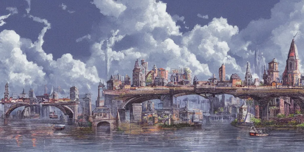 Image similar to Illustration, single long narrow huge ancient city on a narrow sky high bridge, over water, really long, all buildings on bridge, tall arched bridge holding the city in the clouds