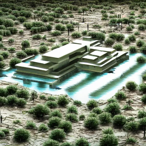 Image similar to architectural rendering of biophilia brutalism building in the desert, pool, garden