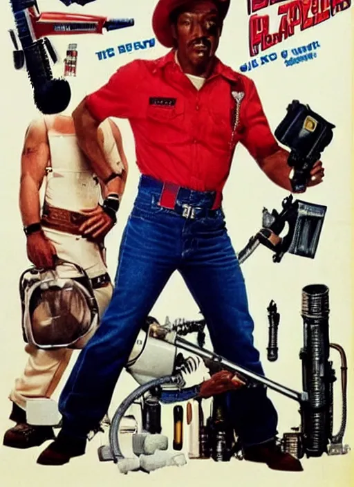 Image similar to an 8 0's john alvin action movie poster starring eddie murphy face as a plumber to rich people. bathroom. overalls. tool belt. the movie is called beverly hills crap