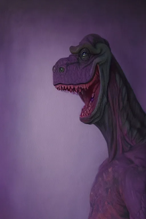 Image similar to barney the dinosaur in a dim purple lit room, melancholy, smoky, oil on canvas, intricate, portrait, 8 k highly professionally detailed, hdr, cgsociety