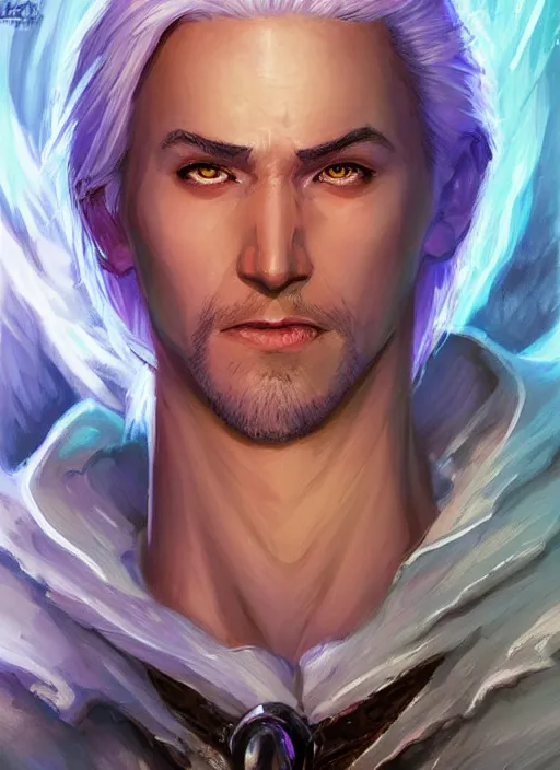 Prompt: young man with white hair and white goatee, dndbeyond, bright, colourful, realistic, dnd character portrait, full body, pathfinder, pinterest, art by ralph horsley, dnd, rpg, lotr game design fanart by concept art, behance hd, artstation, deviantart, hdr render in unreal engine 5