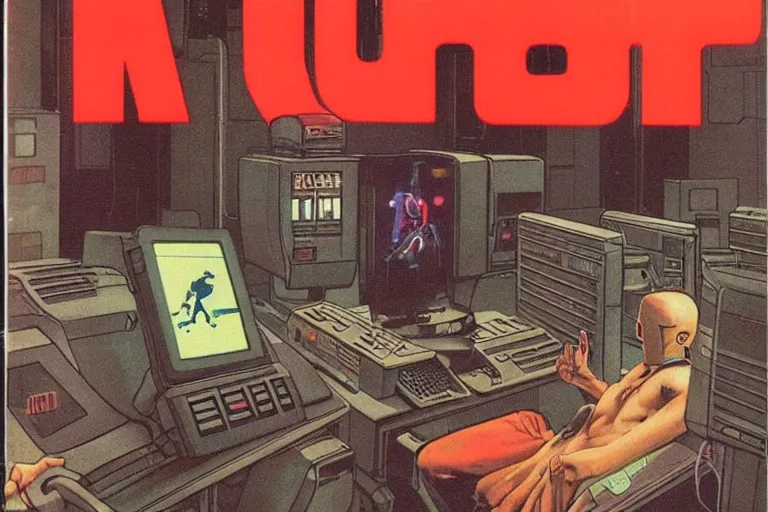 Image similar to 1979 OMNI Magazine Cover depicting a man hooked up to large computer banks. Cyberpunk Akira style by Vincent Di Fate