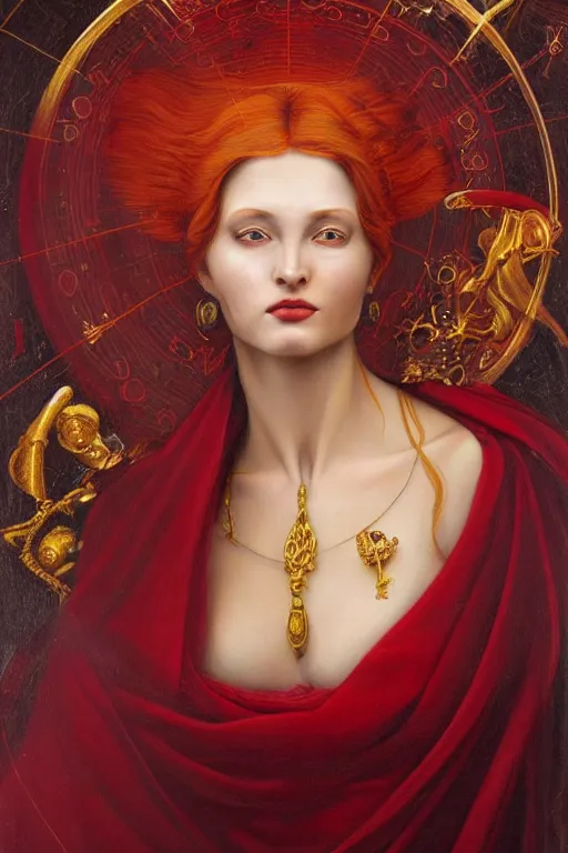 Prompt: hyper realistic painting portrait of the red lady of mystery, occult diagram, elaborate details, detailed face, intrincate ornaments, gold decoration, occult art, oil painting, art noveau, in the style of roberto ferri, gustav moreau, david kassan, bussiere, saturno butto - c 9