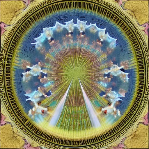 Image similar to fractal of angels in a spiral against the sky in the style of Richard Dadd