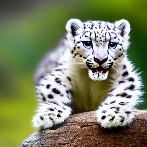 Image similar to very very very very very very cute chibi baby snow leopard playing, portrait, stunning eyes, swatting at air, pixar style, forest background, cinematic lighting, award winning creature portrait photography