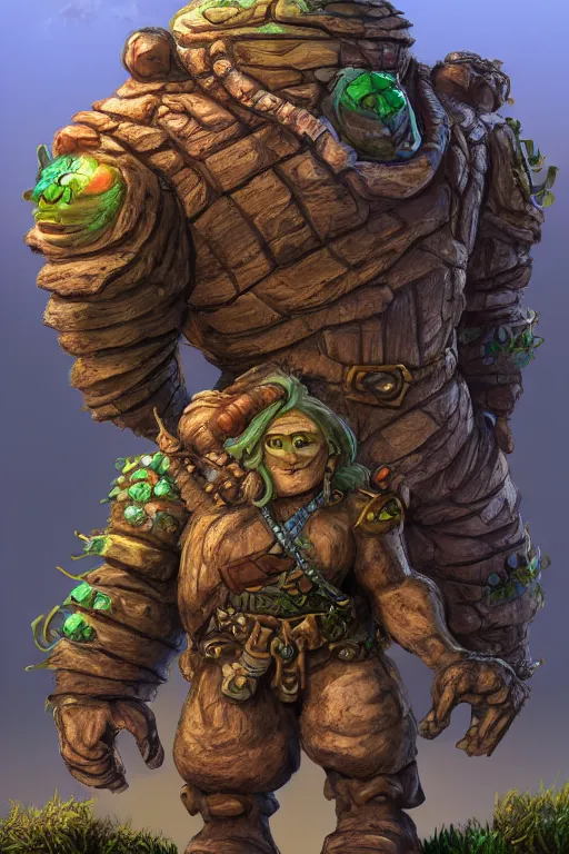 Image similar to zelda fantasy art giant golem troll wood rock greeble gemstone, global illumination ray tracing hdr fanart arstation by sung choi and eric pfeiffer and gabriel garza and casper konefal