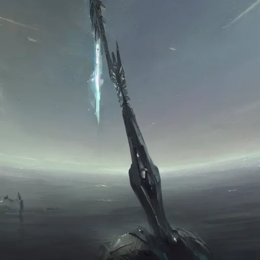 Image similar to concept art of a large space vessel in the shape of an spear by greg rutkowski