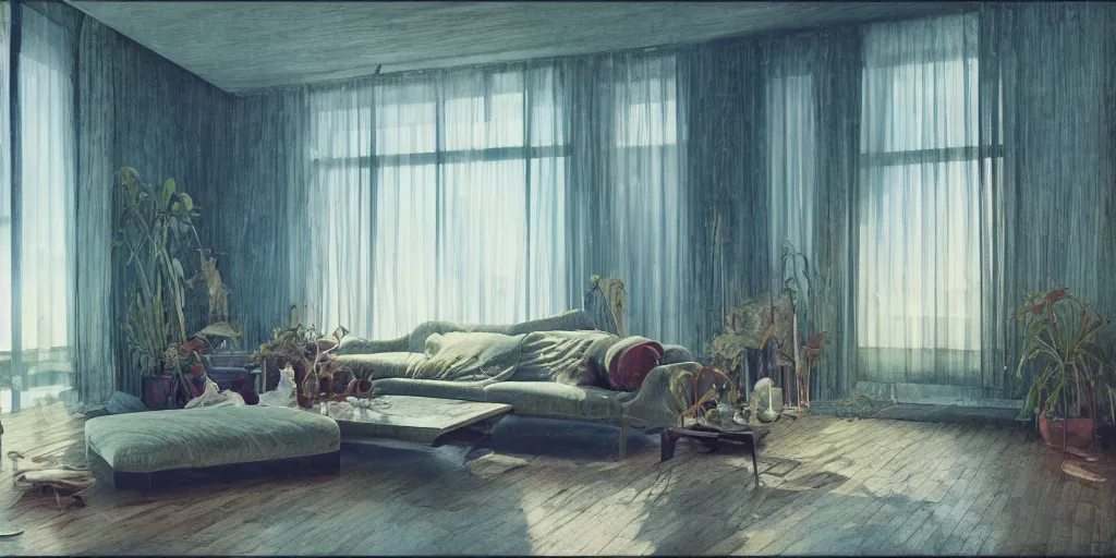 Prompt: a beautiful modern living room, by jean delville, by edmund dulac, by jean giraud, by ellen jewett, landscape photography composition, vivid colors, octane render, redshift render
