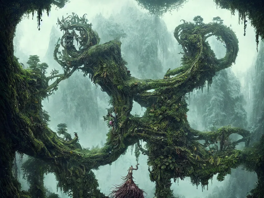 Image similar to ancient fallen god, lush trunda vegetation, snow :: by Michal Karcz, Daniel Merriam, Victo Ngai and Guillermo del toro :: ornate, dynamic, particulate, intricate, elegant, highly detailed, centered, artstation, smooth, sharp focus, octane render, 3d