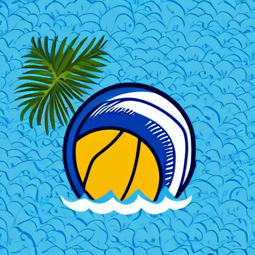 Prompt: waves in bottom front of a palm tree, a giant volleyball with seams in the background, vector logo, professional sports style, flat colour, svg, professional, sharp edges