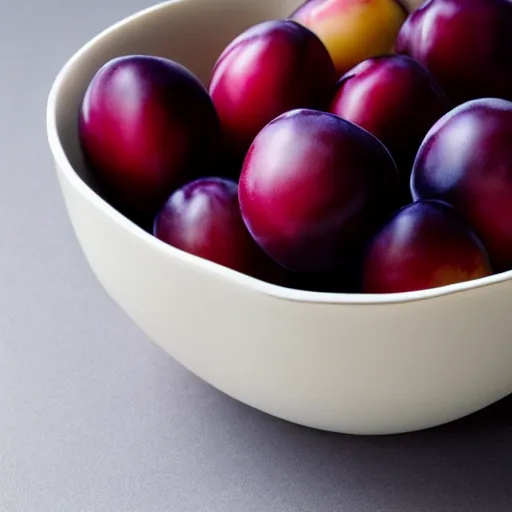 Image similar to a porcelain bowl filled with six large moist freshly picked plums. volumetric lighting. 4 k. small scale.