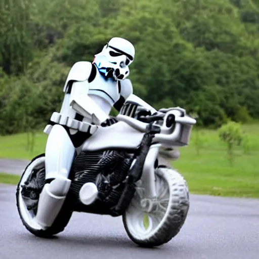 Image similar to stormtrooper riding a motorcycle
