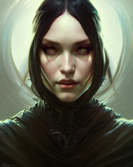 Prompt: Portrait of evil girl facing straight, face, dark fantasy, intricate, elegant, highly detailed, digital painting, artstation, concept art, smooth, sharp focus, illustration, art by artgerm and greg rutkowski and alphonse mucha