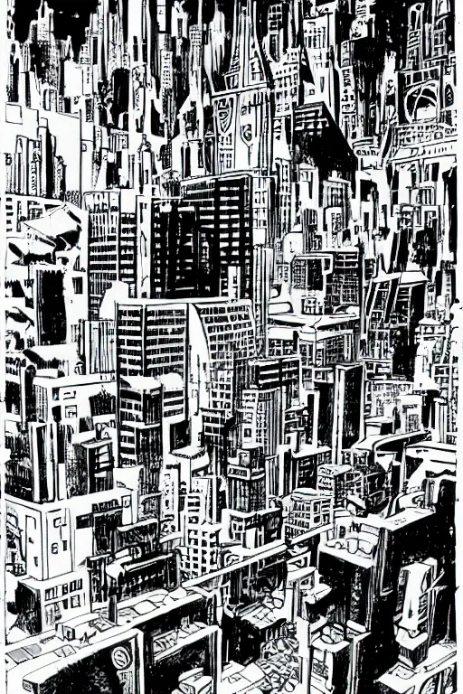 Prompt: a futuristic city drawn by jack kirby, pencils and inks, black and white, high quality