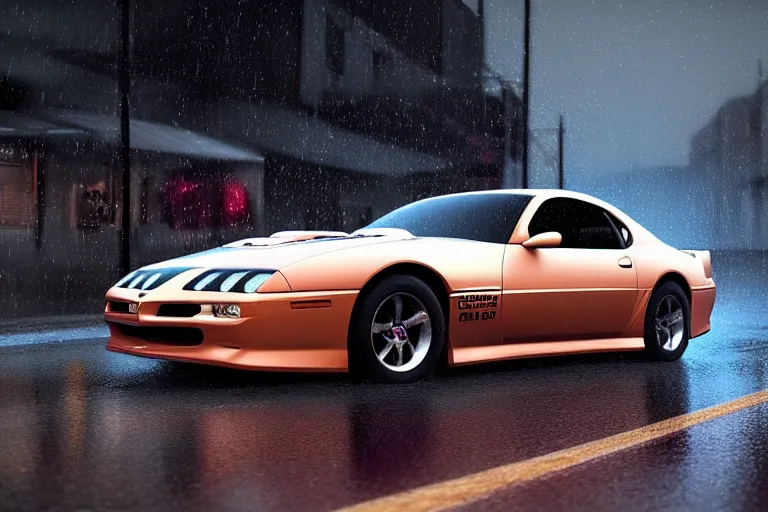 Image similar to hyperdetailed, photorealistic photograph of a 2 0 0 2 pontiac firebird trans - am drifting in the streets, rain, night, dense fog, hd, unreal engine 5 by greg rutowski, by stanley artgerm, by alphonse mucha