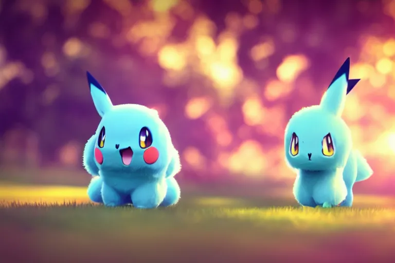 Image similar to photo of real life pokemons, cute!!!, content!!!, mischievous!!!, adorable!!!, fluffy!!!, ultra realistic!!!, golden hour, sharp focus, tiny amount of chromatic aberration