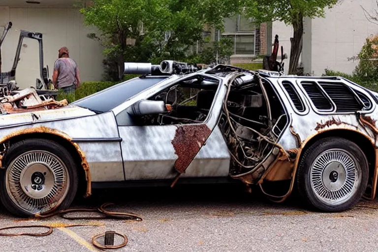 Image similar to rusty, derelict 2 0 2 2 delorean time machine being dragged by a tow truck