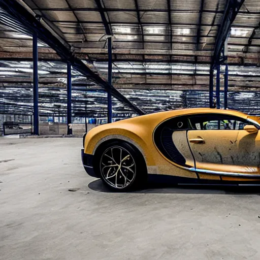 Image similar to an abandoned, derelict, rusty bugatti chiron in a dirty warehouse