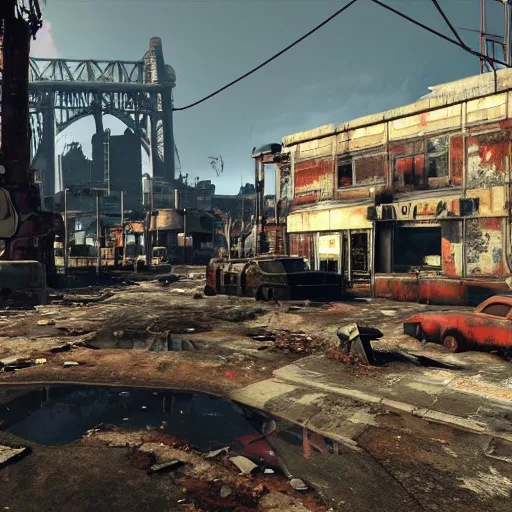 Prompt: Sydney in ruins post-nuclear war in Fallout 4, in game screenshot