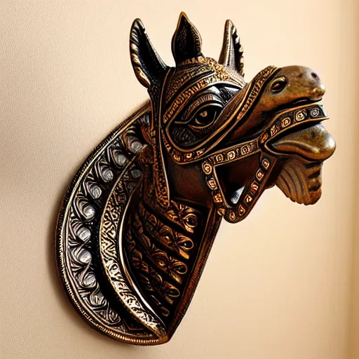 Image similar to gorgeous ornated bronze realistic detailed sacred camel wall decoration with filigree