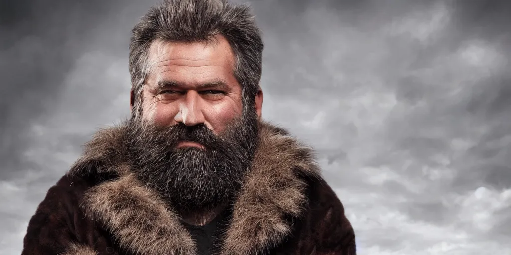 Image similar to high quality matte painting of a fantasy middle - aged burly lumberjack with a beard, dark hair, wearing a fur coat