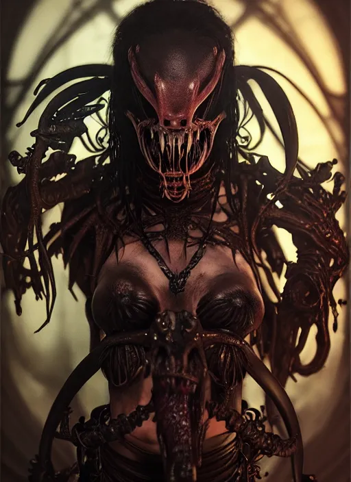 Prompt: ultra realistic, predator, fangs, goth, tattoos, leather, fantasy, flesh, bone, body horror, intricate details, eerie, highly detailed, octane render, 8 k, art by artgerm and alphonse mucha and greg rutkowski