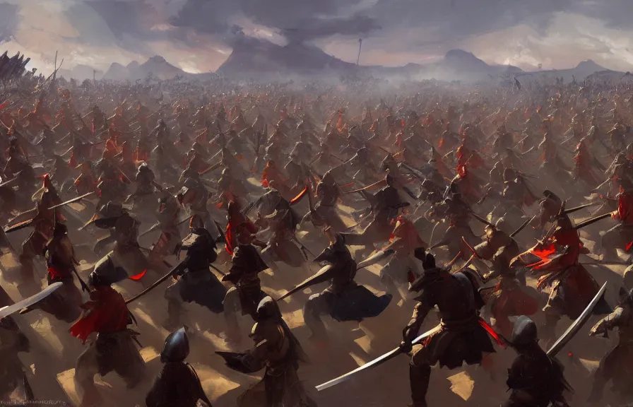 Image similar to greg manchess concept art of a samurai battle, crowd of soldiers, cinematic, key visual, ambient lighting, highly detailed, digital painting, artstation, concept art, sharp focus, by makoto shinkai and akihiko yoshida and hidari and wlop and greg rutkowski