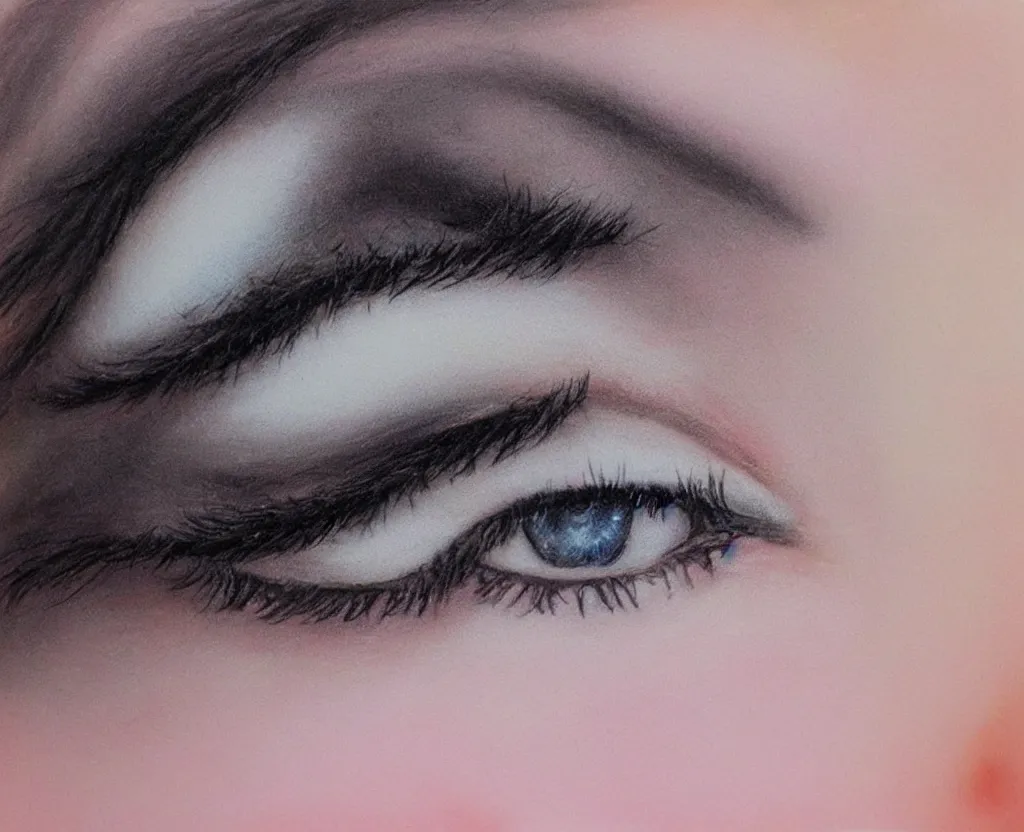 Image similar to realistic and detailed soft airbrush of female eye with eyeliner and long lashes on white background, inspired by 8 0's airbrush illustrations, art by pater sato