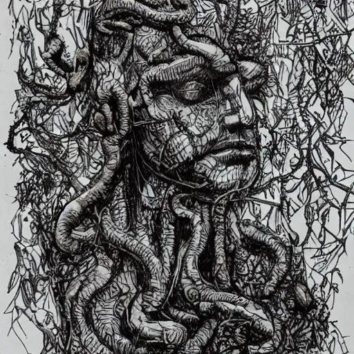 Image similar to cyborg The Thinker Sculpture covered in mushrooms & peyote & ayahuasca vines, sitting in a dense luscious forest, ink sketch, Naturalist