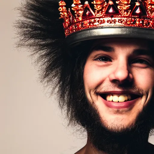 Image similar to man with a crown, smirk, photograph, black background, glowing red eyes, grin