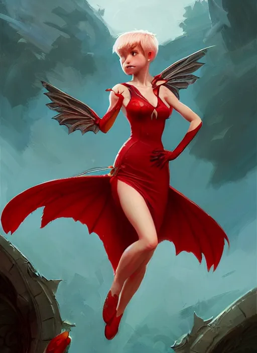 Image similar to Full-body illustration of tiny pixie, D&D fantasy, wearing a red dress, with large wings, intricate, highly detailed, digital painting, artstation, concept art, sharp focus, illustration, art by greg rutkowski and Ross Tran