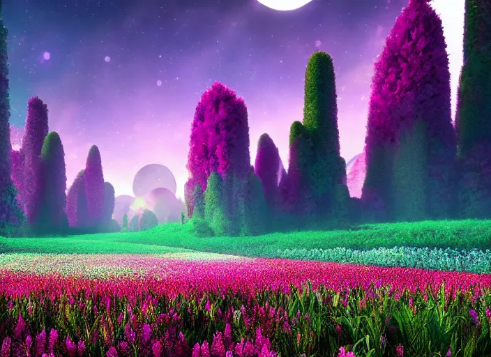 Image similar to flowerfield on a luminescent crystal biome that looks like a movie shot by pixar, ultra detailed, fantasy, hyper realism, art, smooth, beautiful art, masterpiece, landscape, cinematic, wet reflections, ray tracing x, rtx, smooth