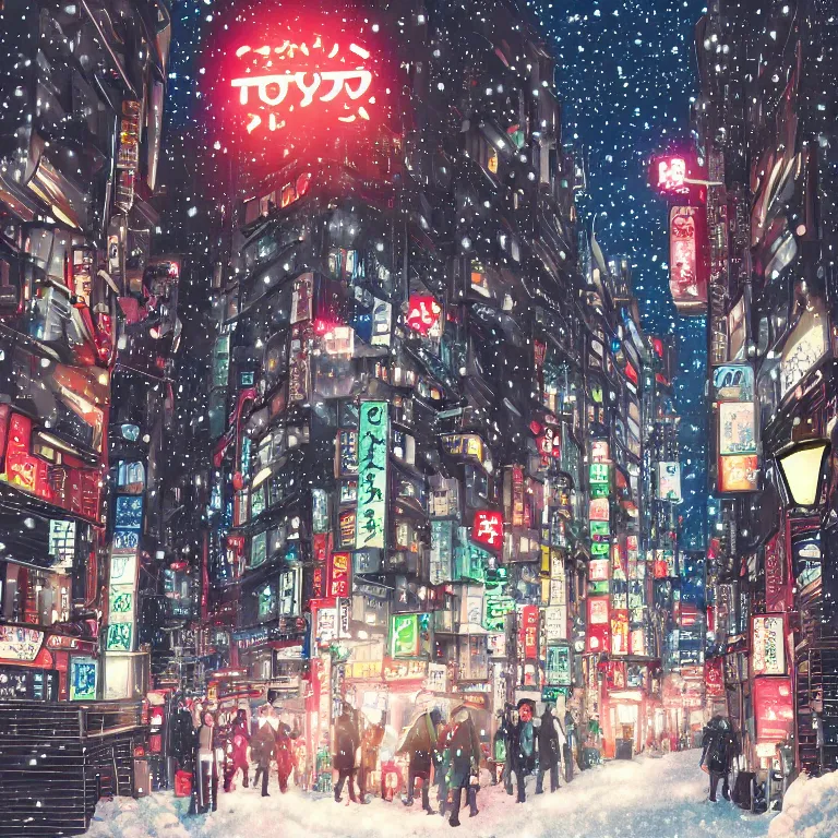 Prompt: anime - styled illustration of tokyo with many lights and lens flares, snowy winter christmas night