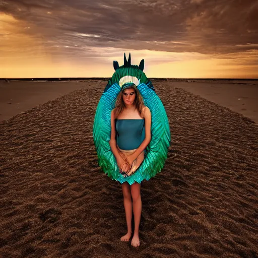 Image similar to portrait of a young quetzalcoatl, beach pic, depth of field, zeiss lens, detailed, symmetrical, centered, fashion photoshoot, by annie leibovitz and steve mccurry, david lazar, jimmy nelsson, breathtaking, 8 k resolution, extremely detailed, beautiful, establishing shot, artistic, hyperrealistic, beautiful face, octane render