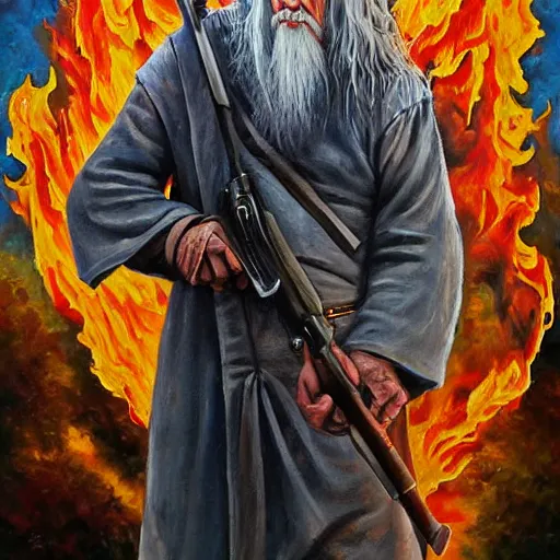 Prompt: gandalf with an ar-15, oil painting, war photo, anger, fire, dramatic, very detailed, 4k, by Jeffrey Smith and Erin Hanson and Chad Knight