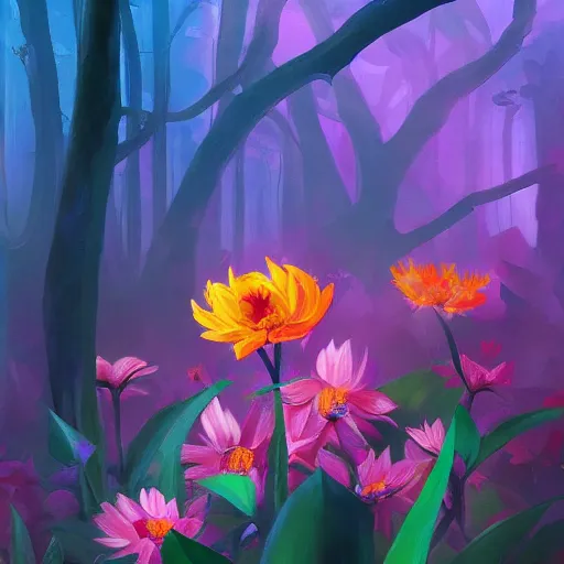 Prompt: hidden flower in dark forest, dense jungle, colorful flower, color palette, painting, mysterious, beautiful, magic the gathering, artstation award