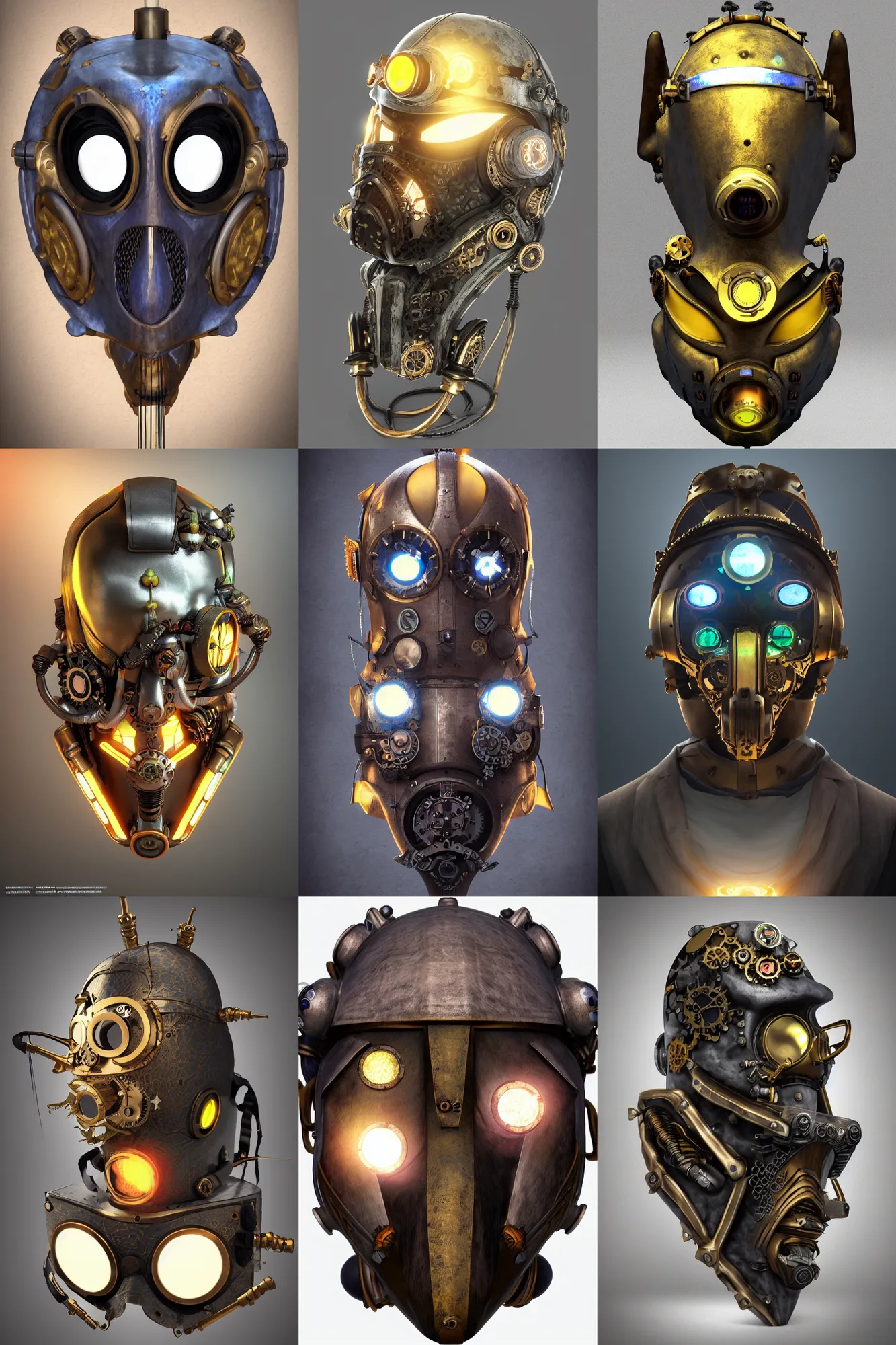 Image similar to steampunk mask minimalist fantasy art robot ninja helmet, global illumination ray tracing hdr fanart arstation by sung choi and eric pfeiffer and gabriel garza and casper konefal radiating a glowing aura