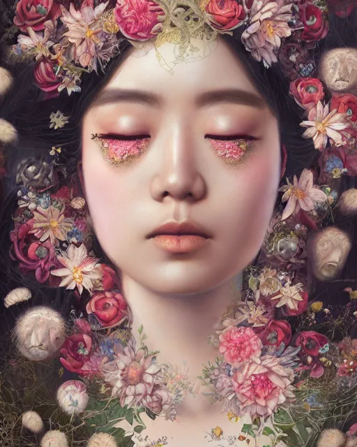 Image similar to portrait of the japanese queen of the underworld, surrounded by flowers by karol bak, james jean, tom bagshaw, rococo, sharp focus, trending on artstation, cinematic lighting, hyper realism, octane render, 8 k, hyper detailed.