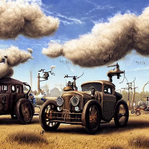 Image similar to a hyperrealistic painting of a steampunk car race, blue skies, fluffy clouds, by john kenn mortensen, highly detailed,