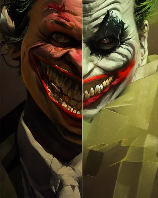 Image similar to a highly detailed epic cinematic concept art CG render digital painting artwork: The joker. By Greg Rutkowski, in the style of Francis Bacon and Syd Mead and Norman Rockwell and Beksinski, open ceiling, highly detailed, painted by Francis Bacon and Edward Hopper, painted by James Gilleard, surrealism, airbrush, Ilya Kuvshinov, WLOP, Stanley Artgerm, very coherent, triadic color scheme, art by Takato Yamamoto and James Jean