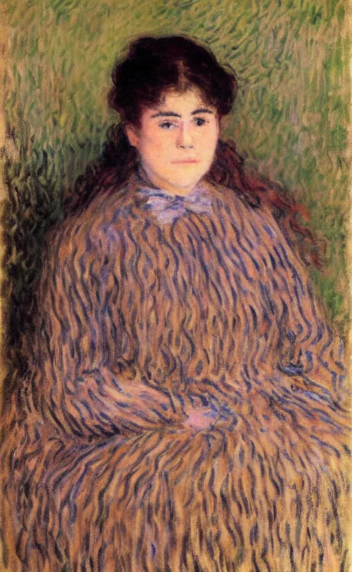 Image similar to claude monet! portrait, lady!! looking at us! brown fuzzy hair!