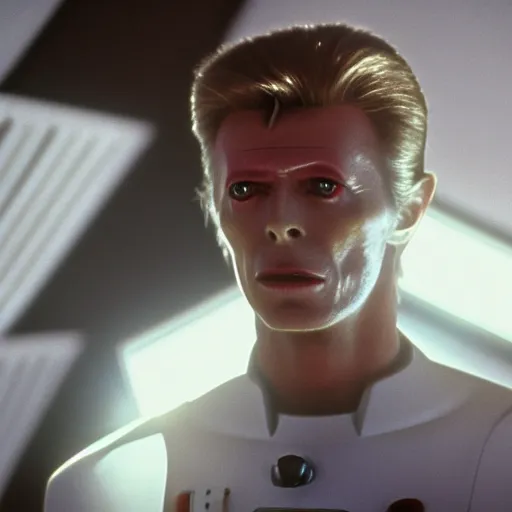 Image similar to film still of David Bowie as David Bowman in 2001 a space odyssey, 4k