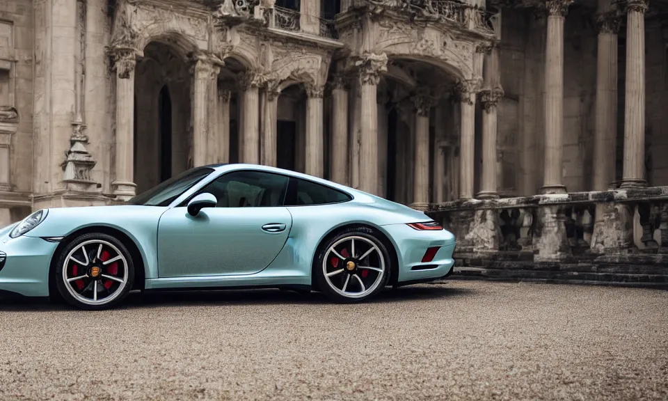 Image similar to closeup photo of a porsche 911 standing in a beautiful palace, dof, chromatic aberration