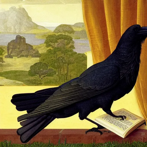 Image similar to beautifully detailed animal portrait of a detailed raven looking at a book laid out on a golden silk cloth, in a serene beautiful stone arched garden at beautiful sunrise by john james audubon and sidney cooper and frederic leighton and rosetti and william morris, 4 k, artstation